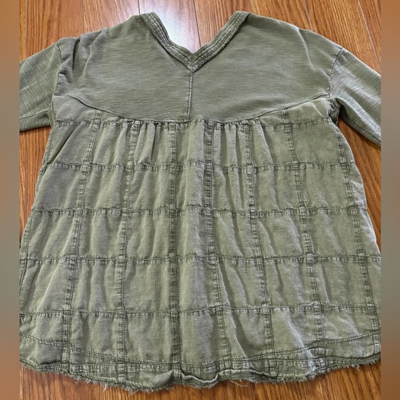 (ANTHROPOLOGIE) PILCRO - OLIVE GREEN LONG SLEEVE T-SHIRT with PATCHWORK PANEL - Picture 2 of 8